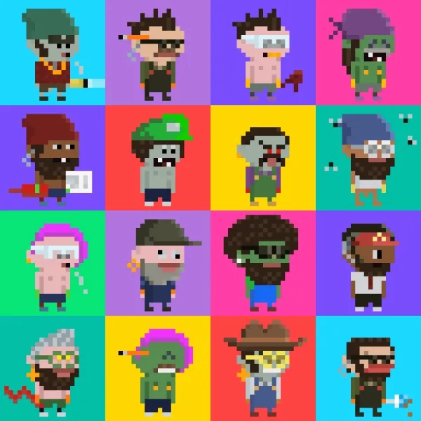 Sixteen colorful pixel-art Plumbers characters